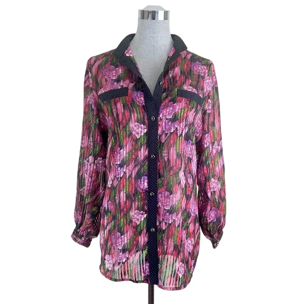 Vintage Diane Tres Polka Dot Sheer Floral‎ Button Down Blouse